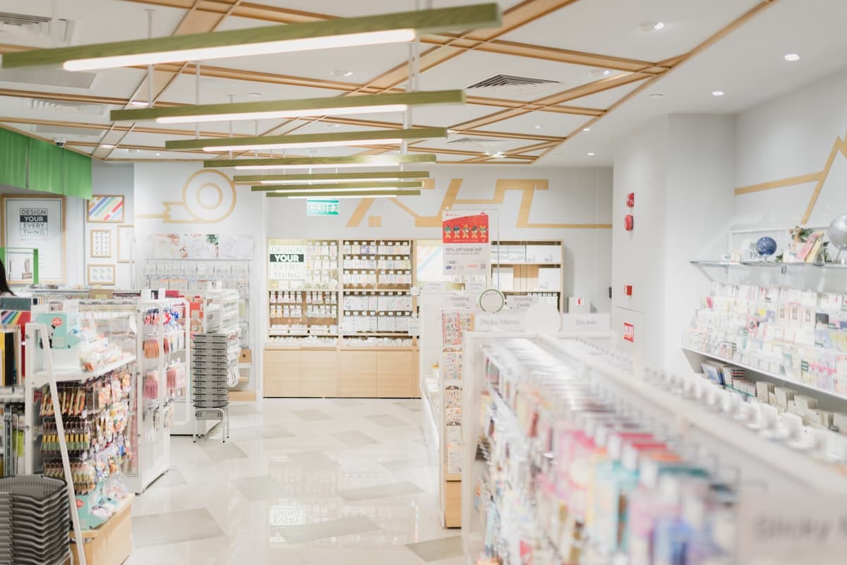 Pharmacy shelves stocked with medicines and healthcare products