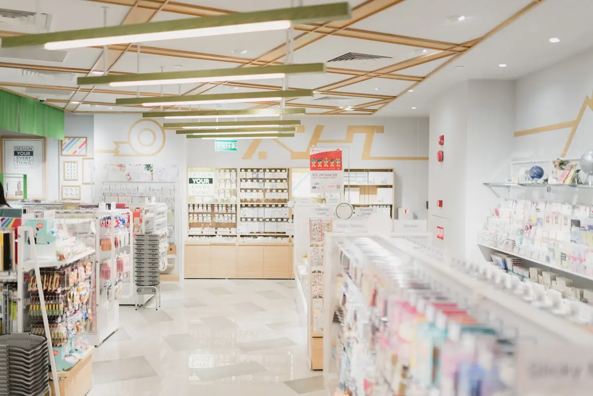 Pharmacy shelves stocked with medicines and healthcare products